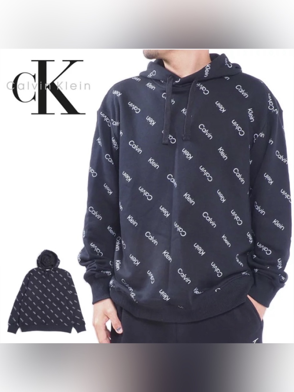 Calvin Klein Iconic Allover Logo Pullover Hoodie Black Mens XL Like New